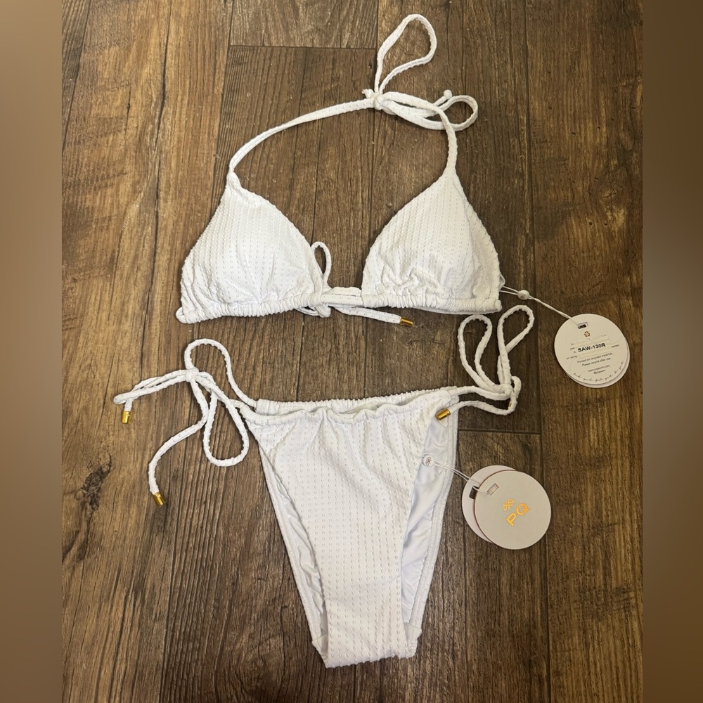 NWT PQ Swim Sail White Eve Tie Side Triangle Top and Teeny Bikini Bottom - SMALL